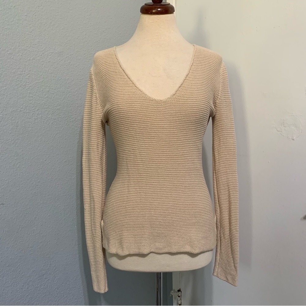 One Teaspoon Womens Y2K Top M Cream Beige V-Neck Cotton Knit Long Sleeve Sweater